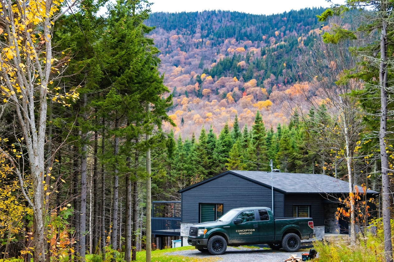 Chalet dans les Laurentides avec toiture en cèdre — Conception Windigo